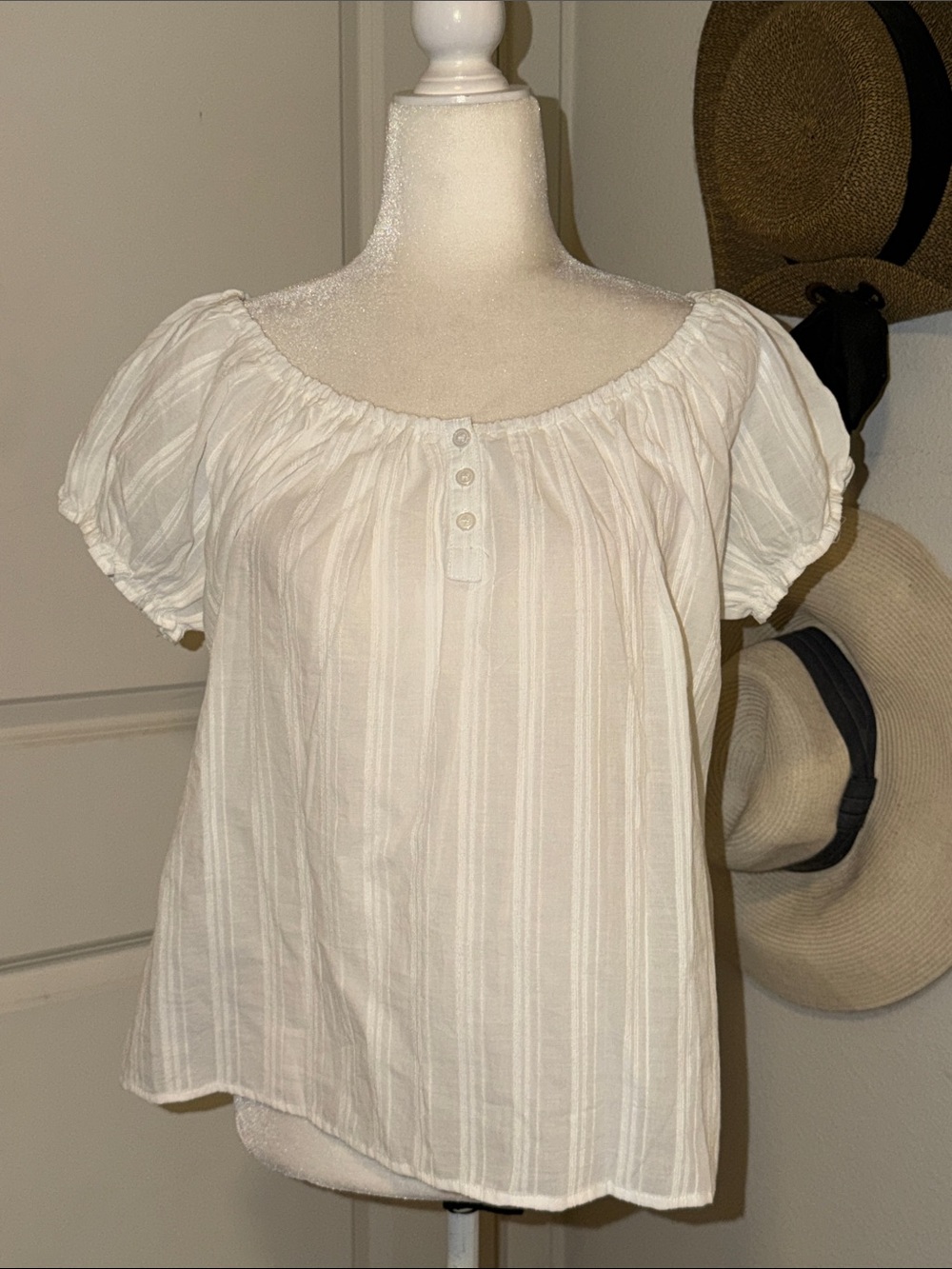 Self Esteem Off-Shoulder Cream Striped Peasant Top